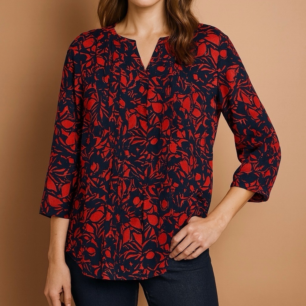 Talbots Navy and Red Floral Blouse